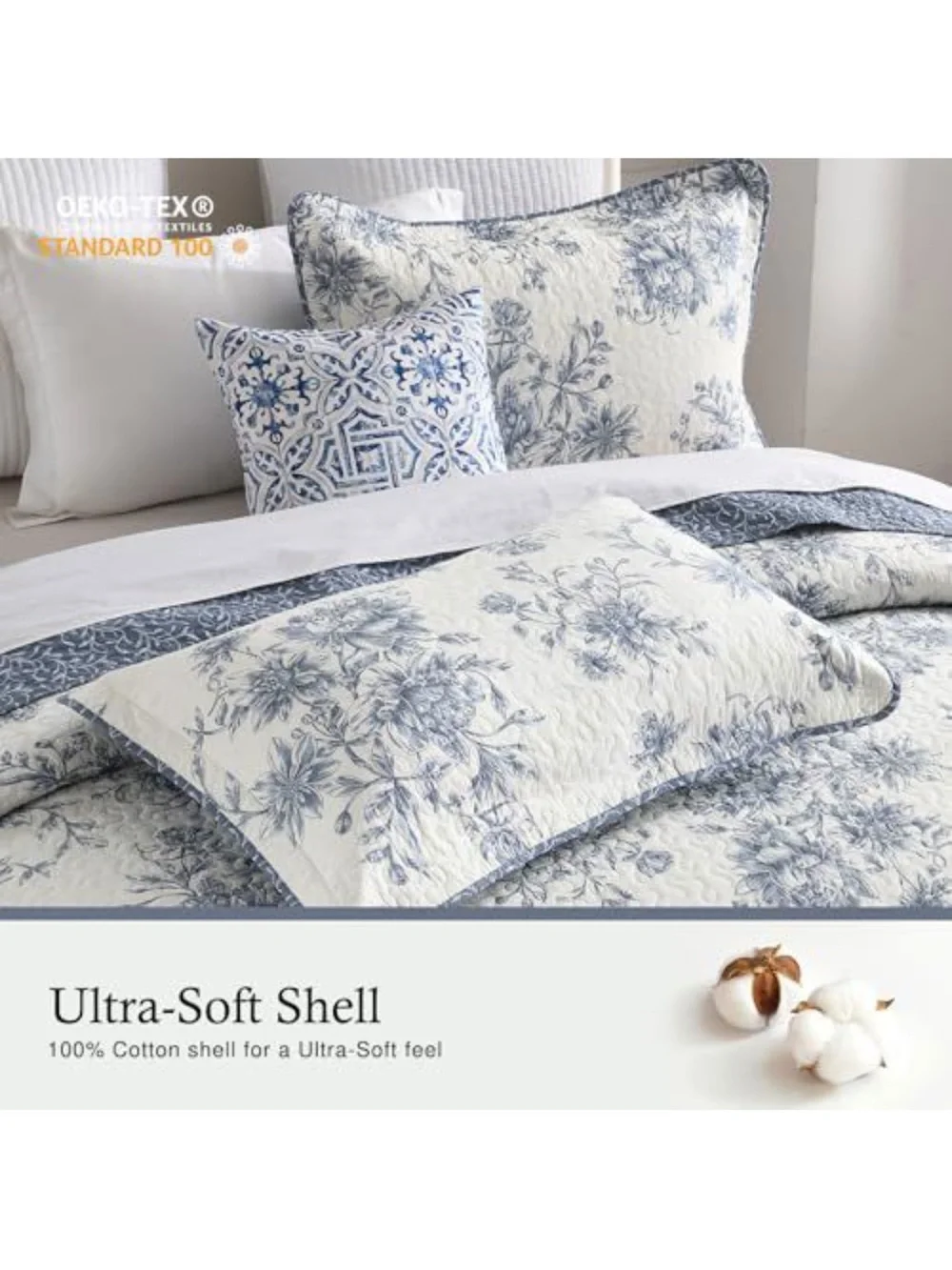 Blue and Cream Floral Quilt Set